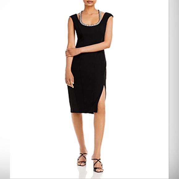 AQUA Embellished Neck Sheath Dress Women's 4 Black Cap Sleeve Zip Closure - Picture 1 of 10